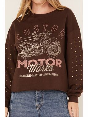 Cleo + Wolf Brown Studded Sleeve Motorcycle Graphic Sweatshirt Size M